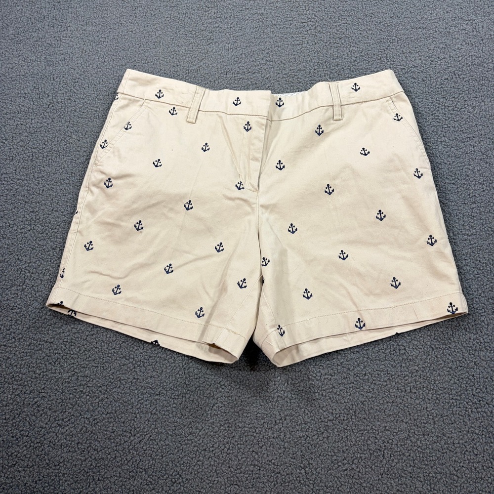 British Khaki Shorts Womens 10 Beige Anchor Print Preppy Nautical Chino Stretch